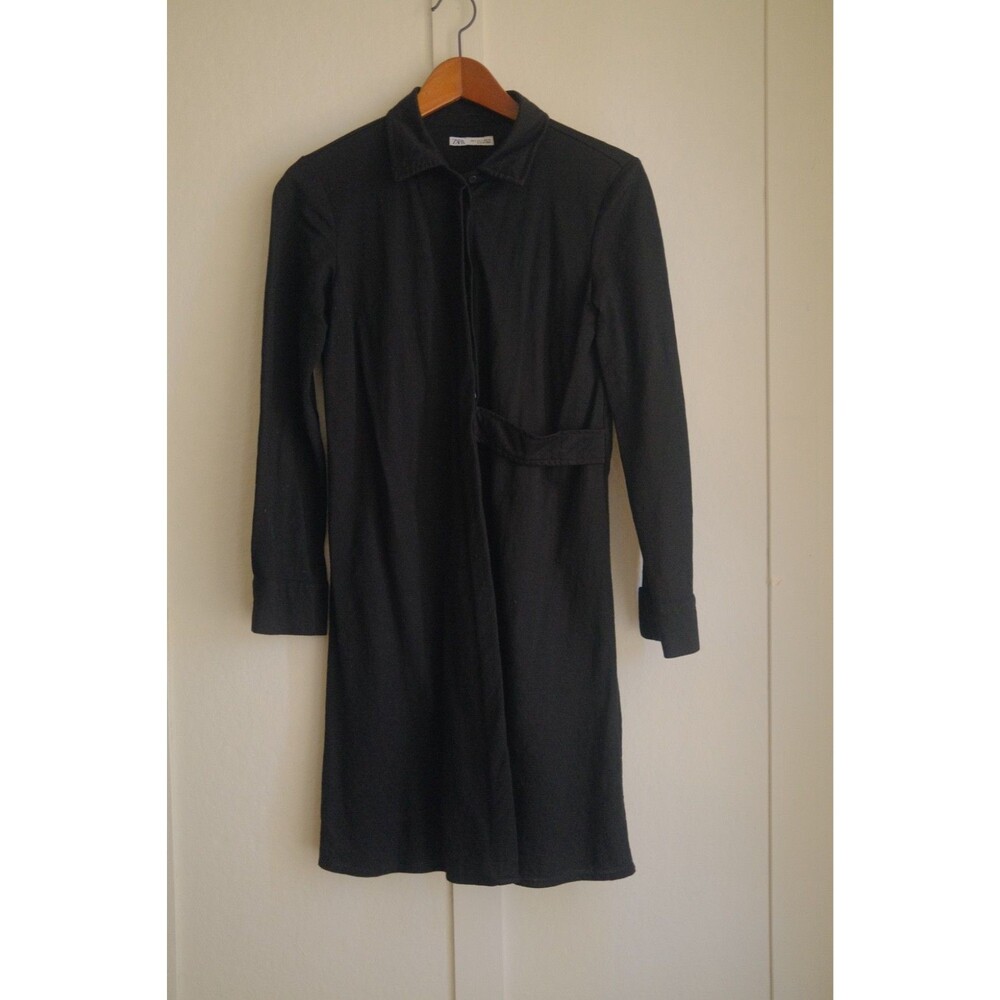ZARA Collared Shirt Dress Black Long-Sleeve Asymmetrical Waist Size S